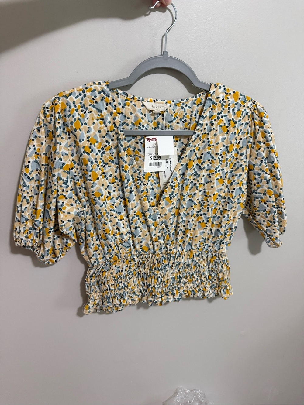 Smocked V-Neck Puff Sleeve Crop Top - Yellow Multi